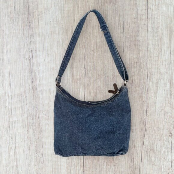 Vintage Y2K Denim Blue Jeans Fabric 2-Section Zip Adjustable Crossbody Purse Bag - Picture 4 of 5